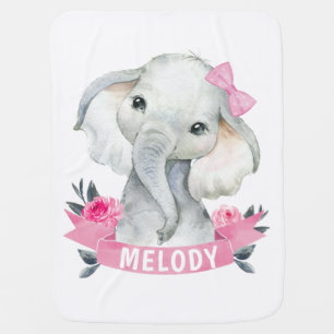Girl Pink Roses Elephant Name Baby Blanket