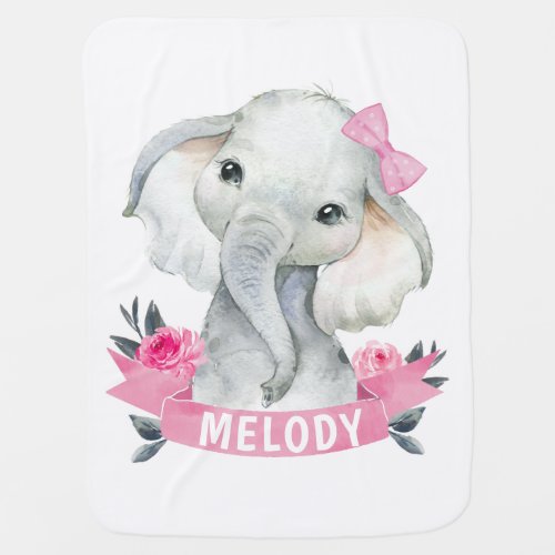 Girl Pink Roses Elephant Name Baby Blanket