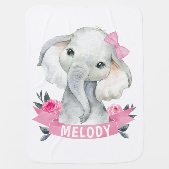 Girl Pink Roses Elephant Name Baby Blanket (Front)