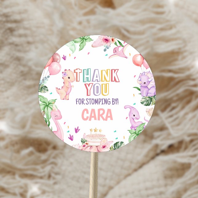 Girl Pink Safari Dinosaur Birthday Party Classic Round Sticker (Girl Pink Safari Dinosaur Birthday Party Sticker)