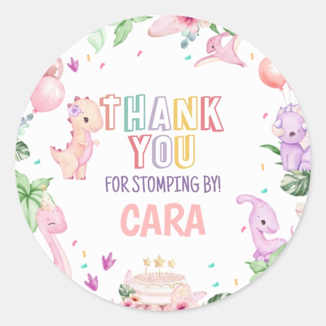 Girl Pink Safari Dinosaur Birthday Party Classic Round Sticker (Front)