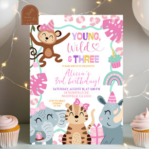 Girl Pink Safari  Young Wild and Three Birthday in Invitation