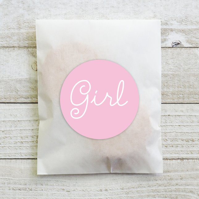 Girl Pink Script Baby Gender Reveal Party Classic Round Sticker (Creator Uploaded)