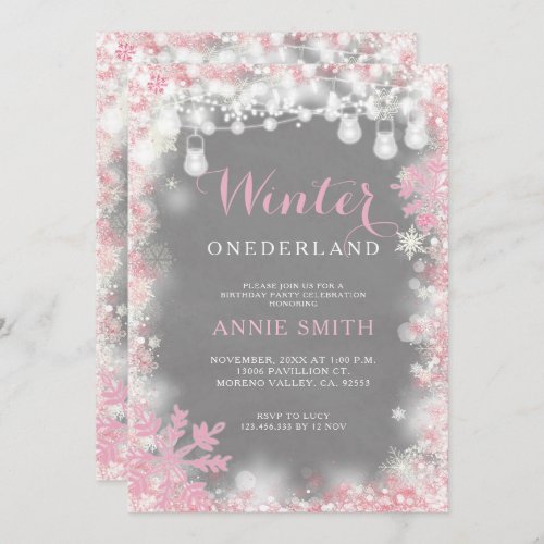Girl Pink Snowflakes Winter Onederland birthday Invitation