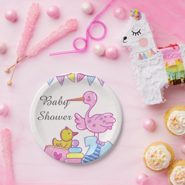 Girl Pink Stork Baby Shower Paper Plate (Party)