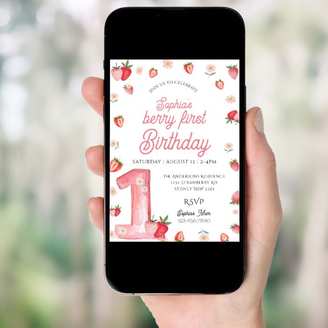 Girl Pink Strawberry Berry First Birthday Invitation (Front Digital)