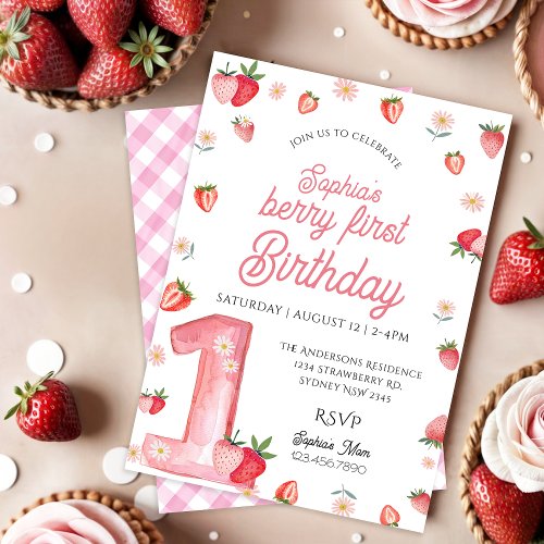 Girl Pink Strawberry Berry First Birthday Invitation