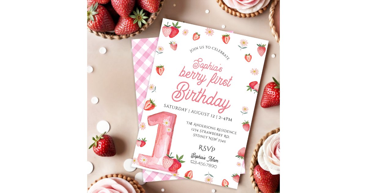 Girl Pink Strawberry Berry First Birthday Invitation | Zazzle