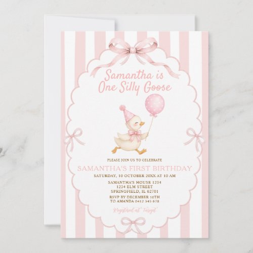 Girl Pink Stripes One Silly Goose Bow 1st Birthday Invitation