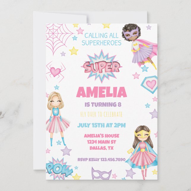 Girl Pink Superhero Birthday Invitation (Front)