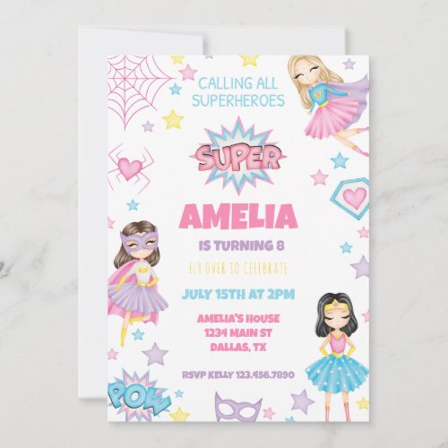 Girl Pink Superhero Birthday Invitation