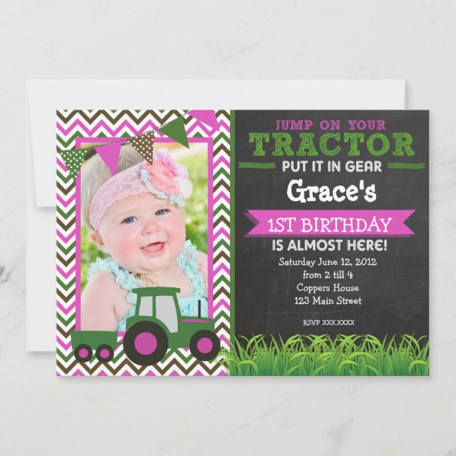 Girl Pink Tractor Birthday Party Invitation (Front)