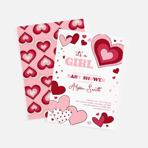 Girl Pink Valentines Day Hearts Baby Shower Invitation