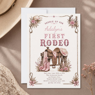 Girl Pink Vintage First Rodeo 1st Birthday Invitation