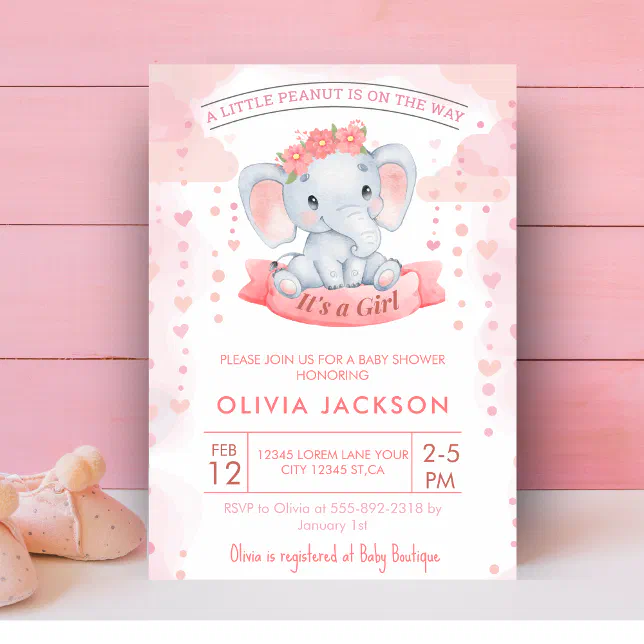 Girl Pink watercolor elephant baby shower Invitation | Zazzle