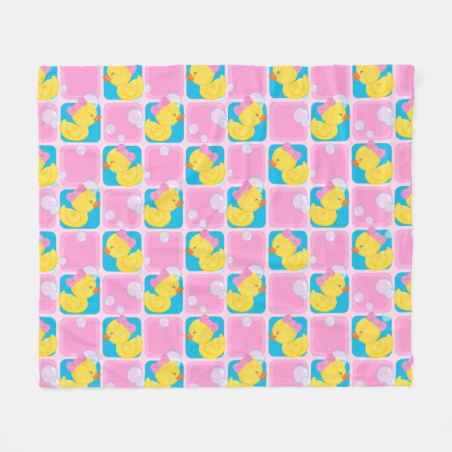 Girl Pink Watercolor Rubber Duck Checkered Medium Fleece Blanket (Front (Horizontal))