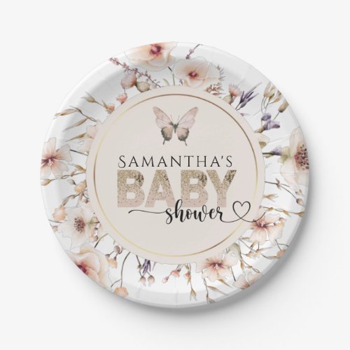 Girl Pink watercolor wildflower Baby Shower  Paper Plates