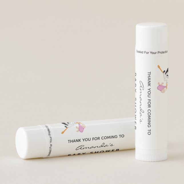 Girl pink white cute stork chic baby shower lip balm (Front)