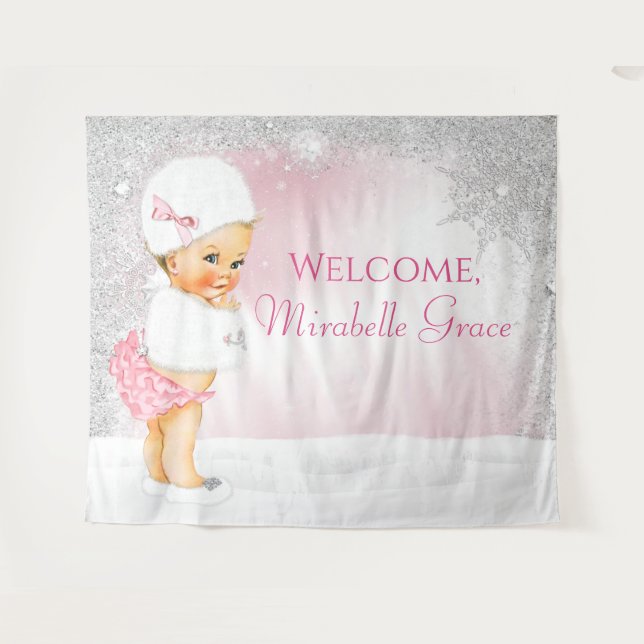 Girl Pink Winter Wonderland Baby Shower Backdrop (Front (Horizontal))