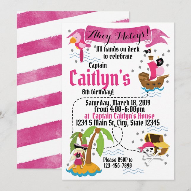 Girl Pirate Birthday Invitation (Front/Back)