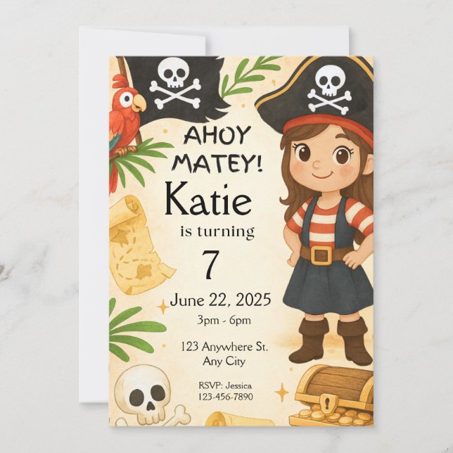Girl Pirate Birthday Invitation, Ahoy Matey Party  Invitation (Front)