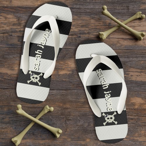 Girl Pirate Crossbones Black and White Stripes Kids Flip Flops