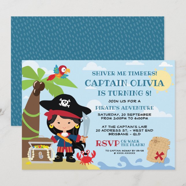 Girl Pirate Party Birthday Invitations (Front/Back)