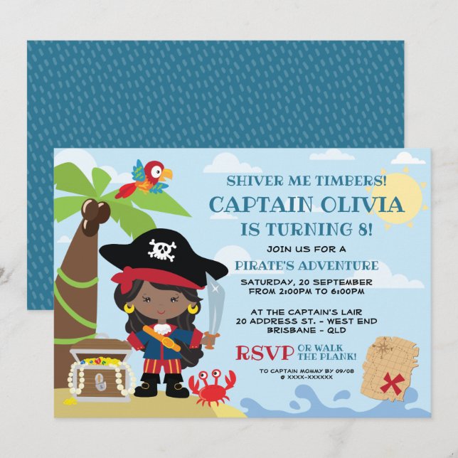 Girl Pirate Party Birthday Invitations (Front/Back)