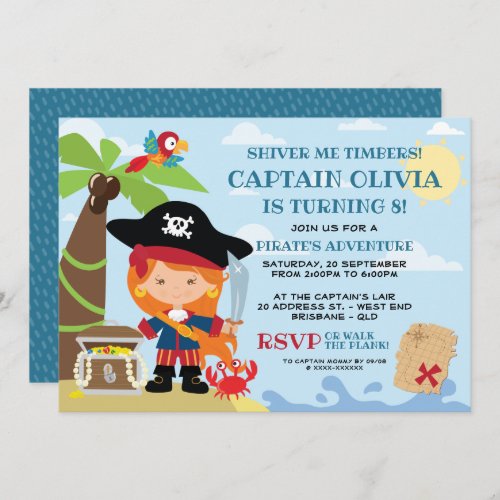 Girl Pirate Party Birthday Invitations