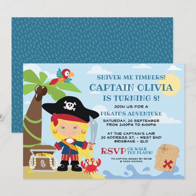 Girl Pirate Party Birthday Invitations (Front/Back)