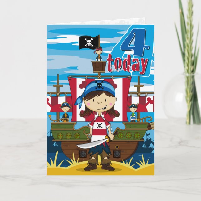 Girl Pirate Ship Scene 4th Birthday Card (Front)
