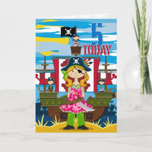 Girl Pirate Ship Scene 5th Birthday Card