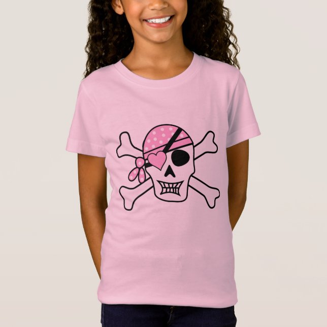 Girl Pirate Skull and Bones Pink T-Shirt (Front)