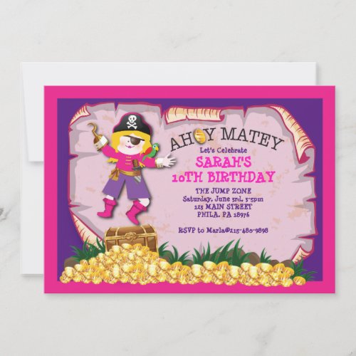 Girl Pirate Treasure Chest Birthday Invitation