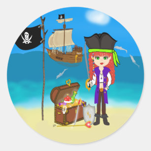 Girl Pirate with Treasure Chest Stickers