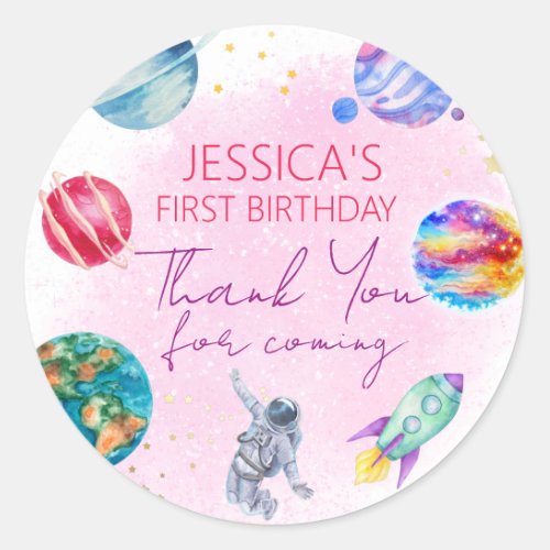 Girl Planets Moon Stars Baby Girl Birthday  Classic Round Sticker