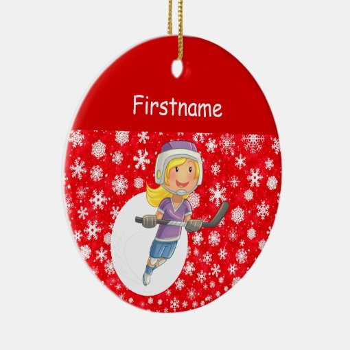 Girl player hockey ornament - red white snow | Zazzle