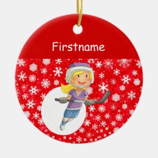 Girl player hockey ornament - red white snow