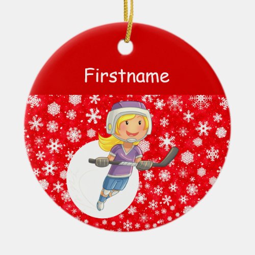 Girl player hockey ornament _ red white snow