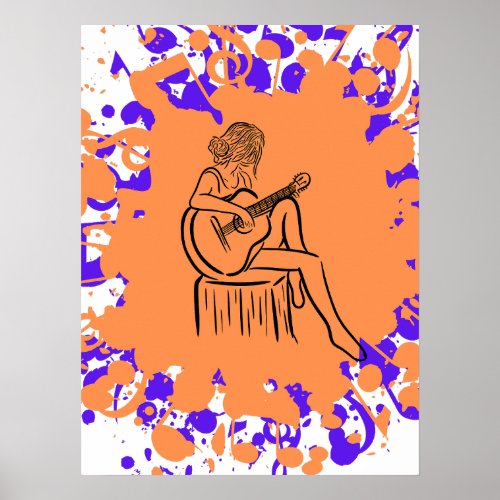 Girl Playing Guitar _ Colorful Music Wallart  Poster
