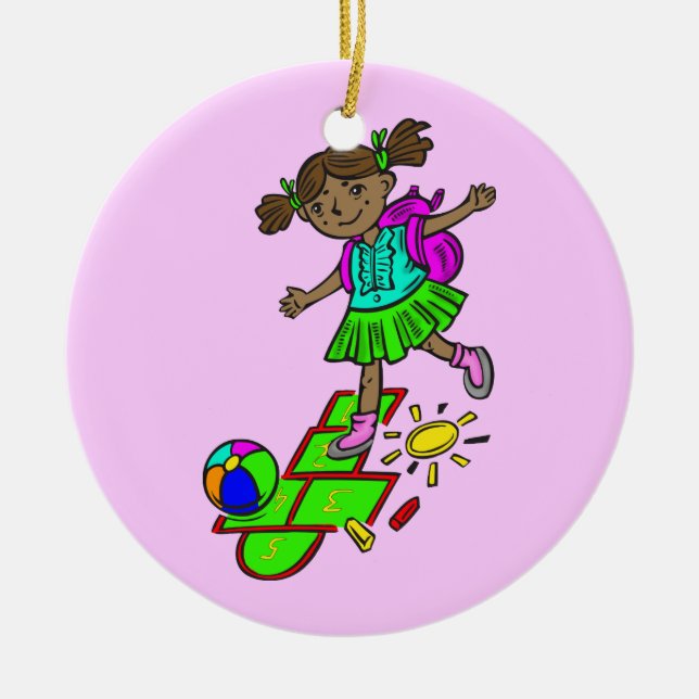 Girl Playing Hopscotch Ceramic Ornament (Front)