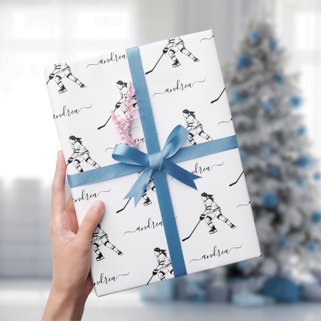Girl Playing Ice Hockey Team Player Girly Name  Wrapping Paper (Creator Uploaded)