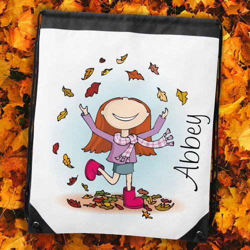 Girl playing in fall leaves named drawstring bag