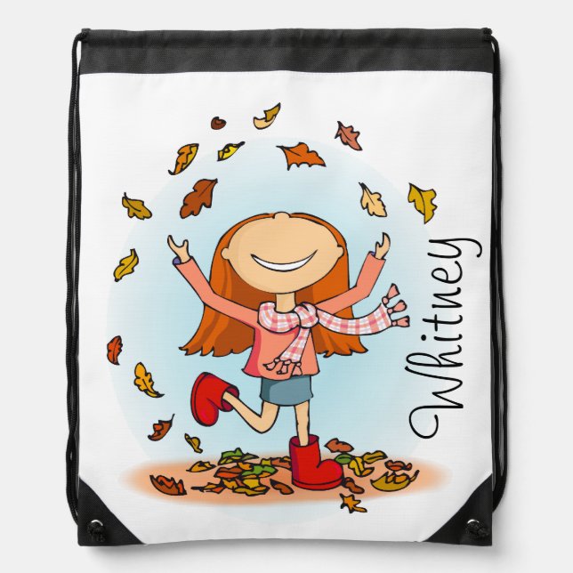 Girl playing in fall leaves named drawstring bag (Front)