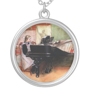 Girl Playing Piano Silver Plated Necklace