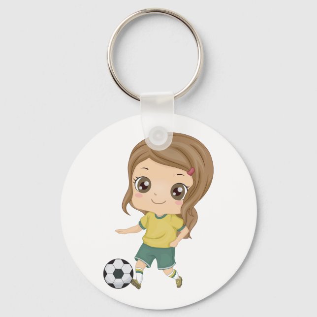 Girl Playing Soccer Adorable Kids Sports Keychain (Front)