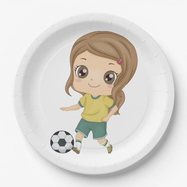 Girl Playing Soccer Adorable Kids Sports Paper Plates (Front)