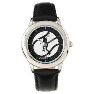 Girl Playing Tennis Personalized Black & White  Watch