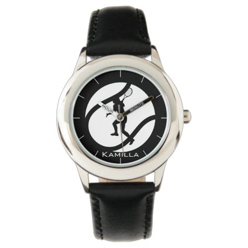 Girl Playing Tennis Personalized Black  White  Watch