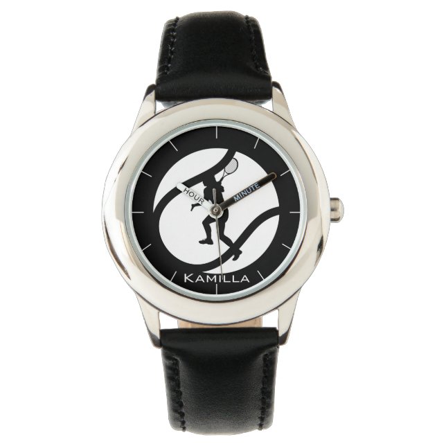 Girl Playing Tennis Personalized Black & White  Watch (Front)